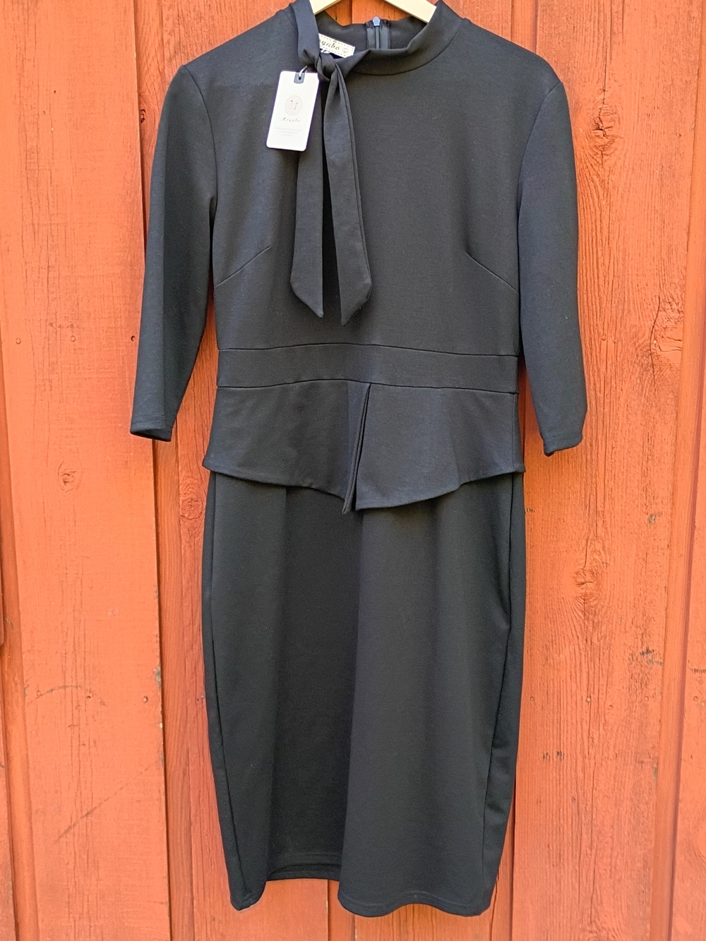 Women's new Moyabo Classic Black Tie-Neck Peplum Dress Sz Large